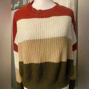 Ambiance Apparel women’s cropped long sleeve sweater in rust beige tan green SM